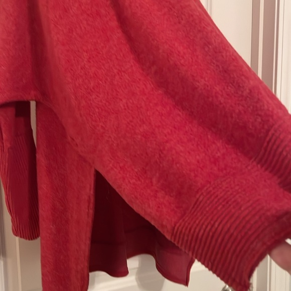 Soft red sweater with cowl neck. Lower in back with slit on sides. - Picture 4 of 5